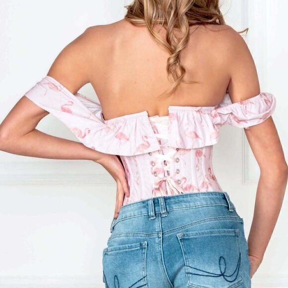 EU Steel Boned Corset Top Pink Flamingo Statement Lace Up NWT Various Sizes - Picture 3 of 12